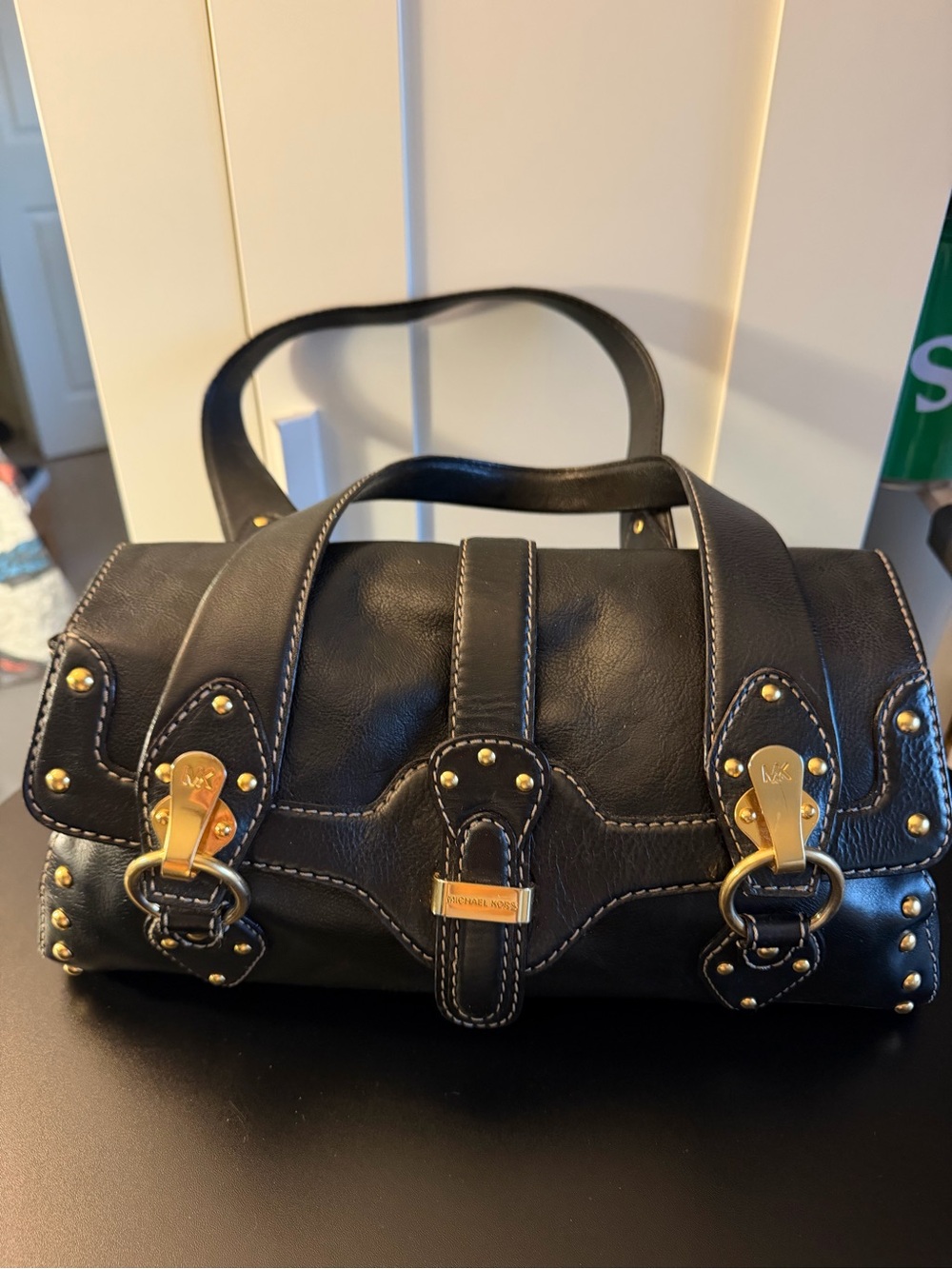 Michael Kors Black Leather Shoulder Bag with Gold Accents